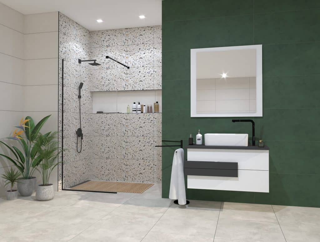 Terrazzo uzorak u kupaonici savršeno se uklapa sa neutralnim bojama.